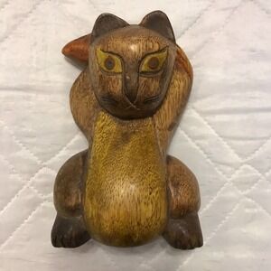 Vintage Parrish Trading hand carved wood‎ cat w/ fish over head